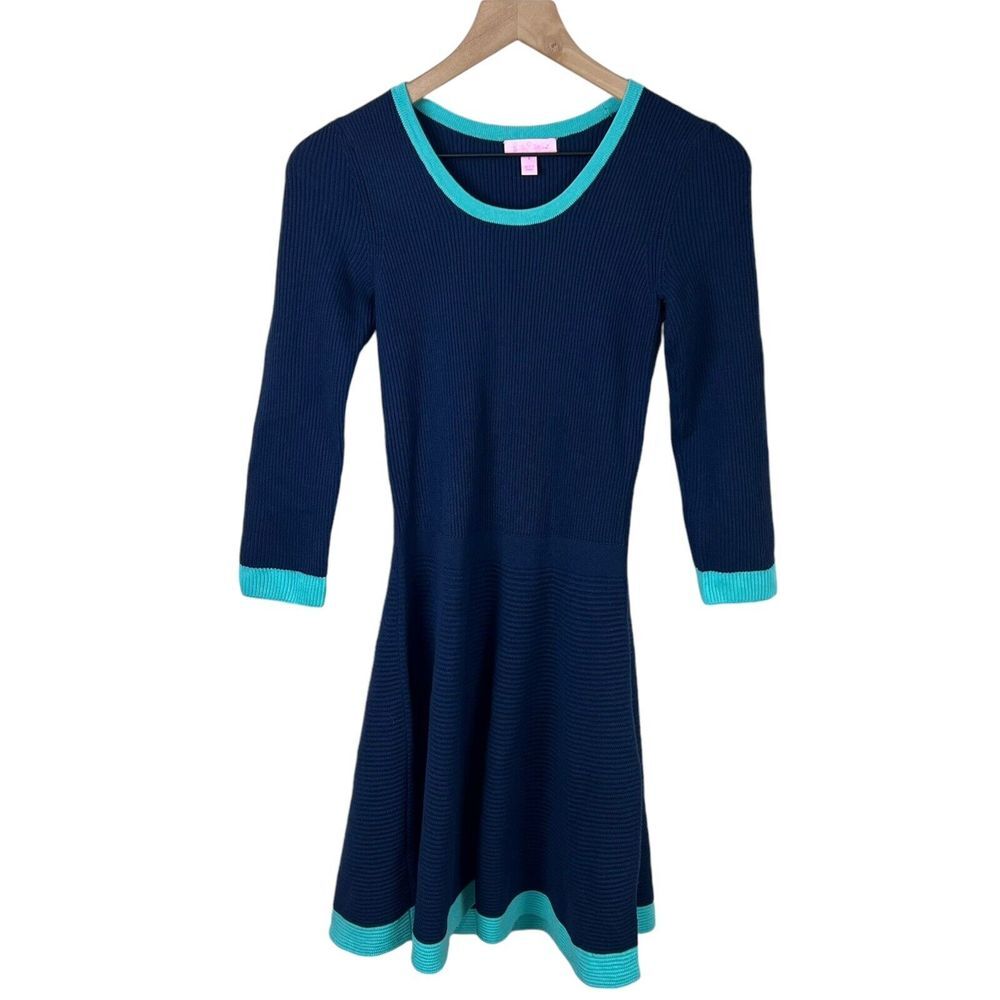 Lilly Pulitzer Womens Small Blue‎ Merino Wool 3/4 Sleeve Knit Dress FLAW